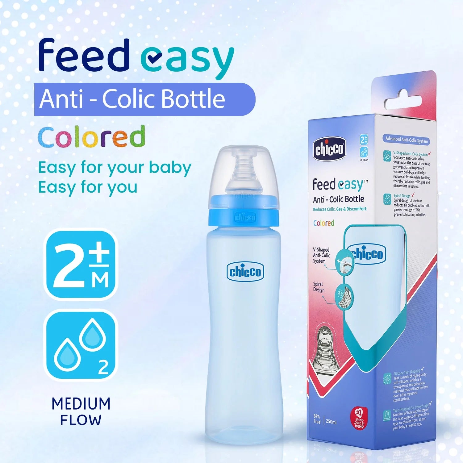 Feed Easy Baby Colored Bottle 250 ml Medium Flow 2M+ Blue