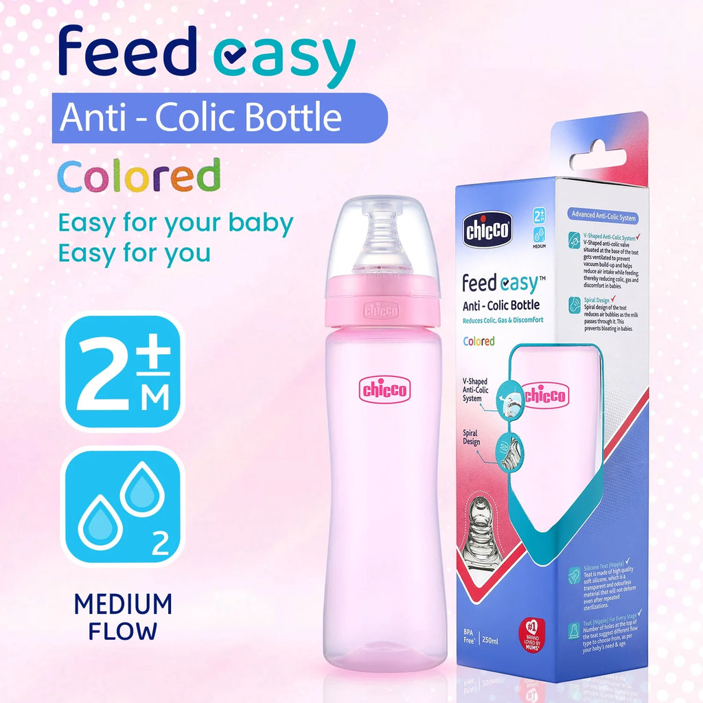 Feed Easy Baby Colored Bottle 250 ml Medium Flow 2M+Pink