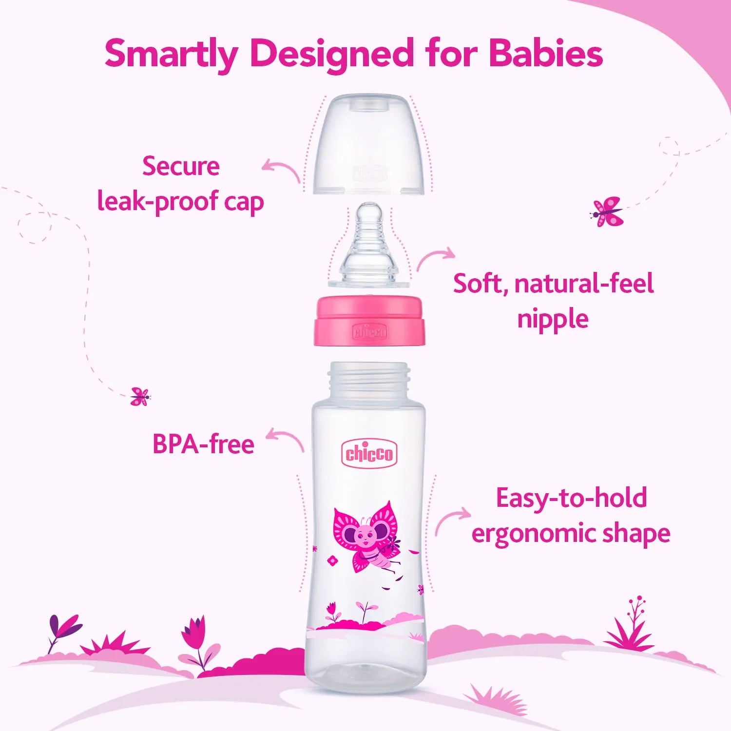Nourish Plus Fast Flow Baby Bottle 240ml 6M+ Pink
