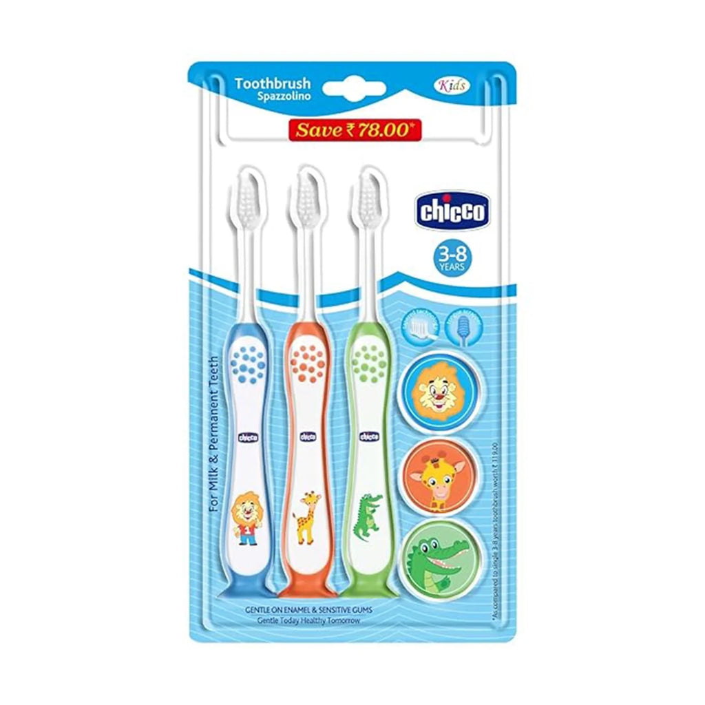 Toothbrush Set 3Y to 8Y Blue Orange & Green Pack of 3