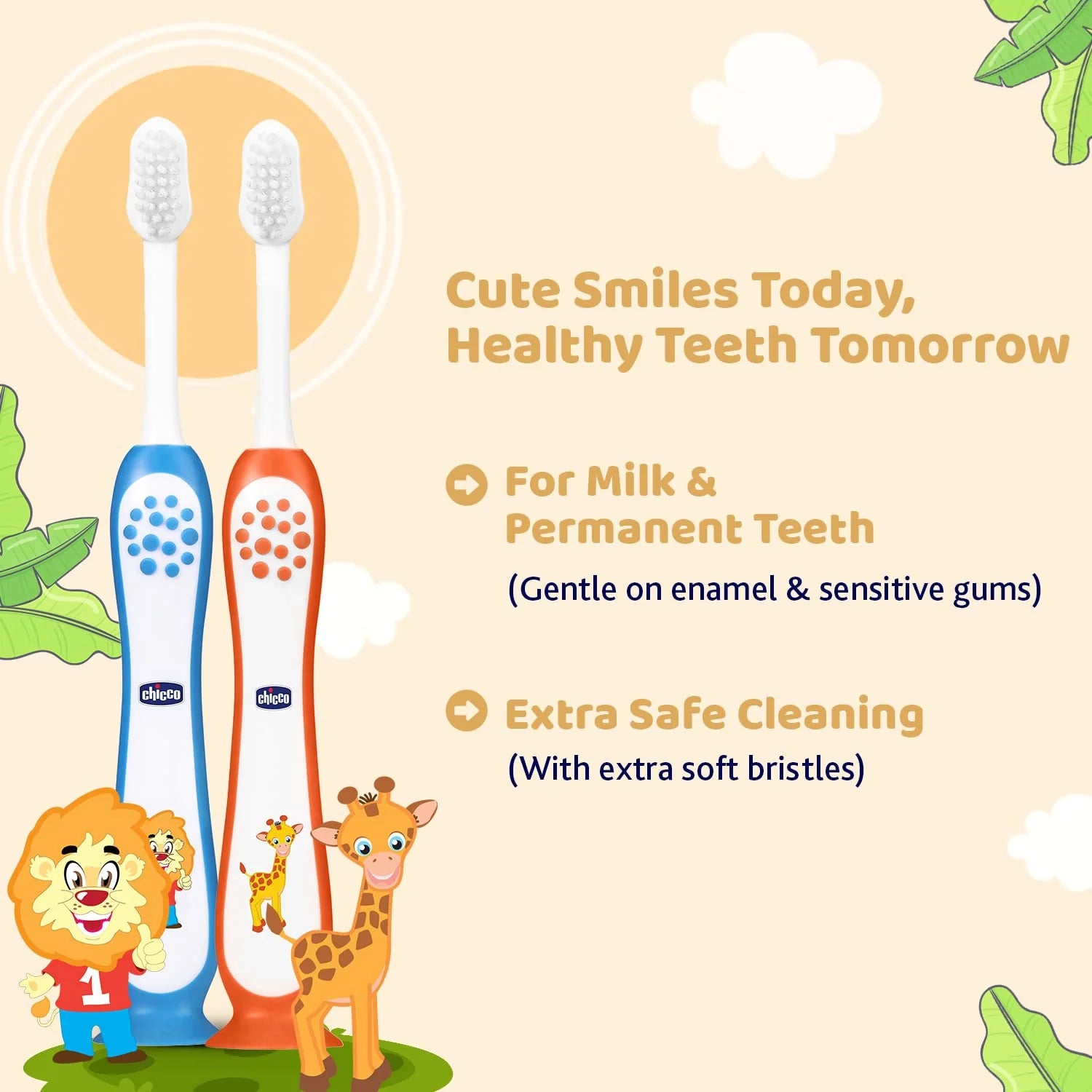Toothbrush Set 3Y to 8Y Blue and Orange Pack of 2