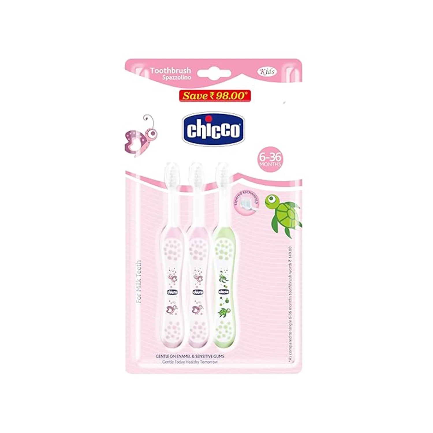 Toothbrush Set 6M to 36M Pink & Green Pack of 3