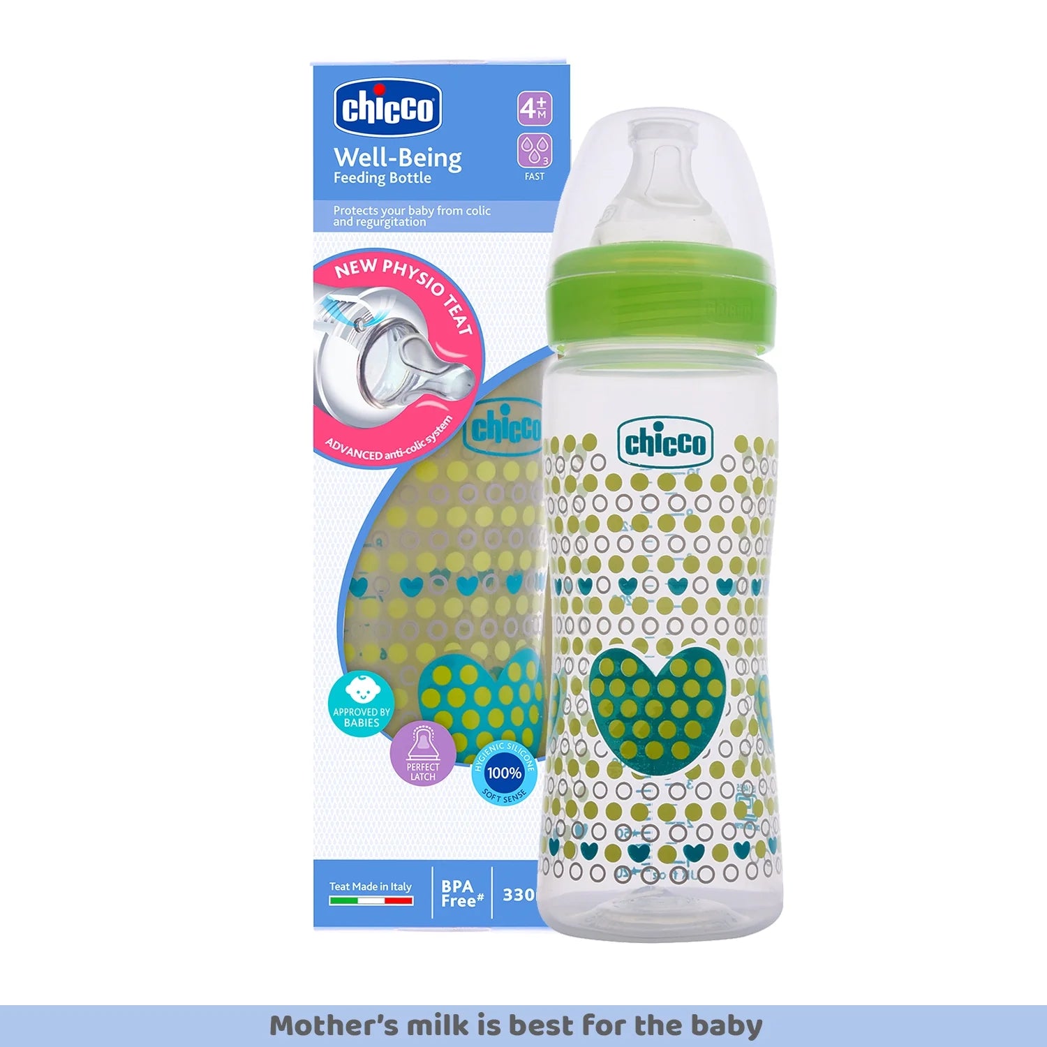 Well Being Fast Flow Baby Bottle 330ml 4M+ Green