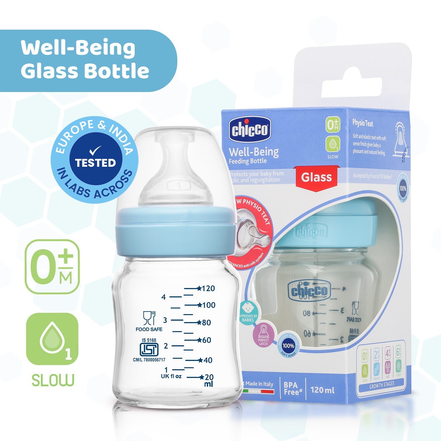 Well Being Glass Feeding Bottle 120ml  Blue Slow Flow 0M+