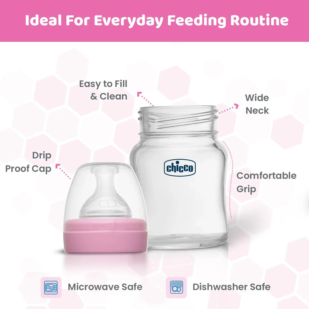 Well Being Glass Feeding Bottle 120ml  Pink Slow Flow 0M+