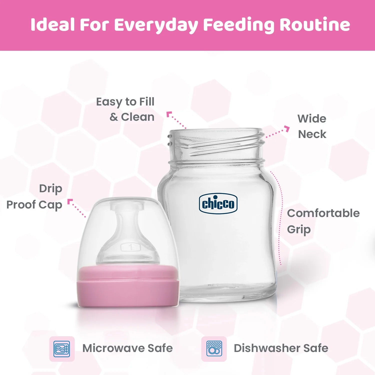 Well Being Glass Feeding Bottle 120ml  Pink Slow Flow 0M+