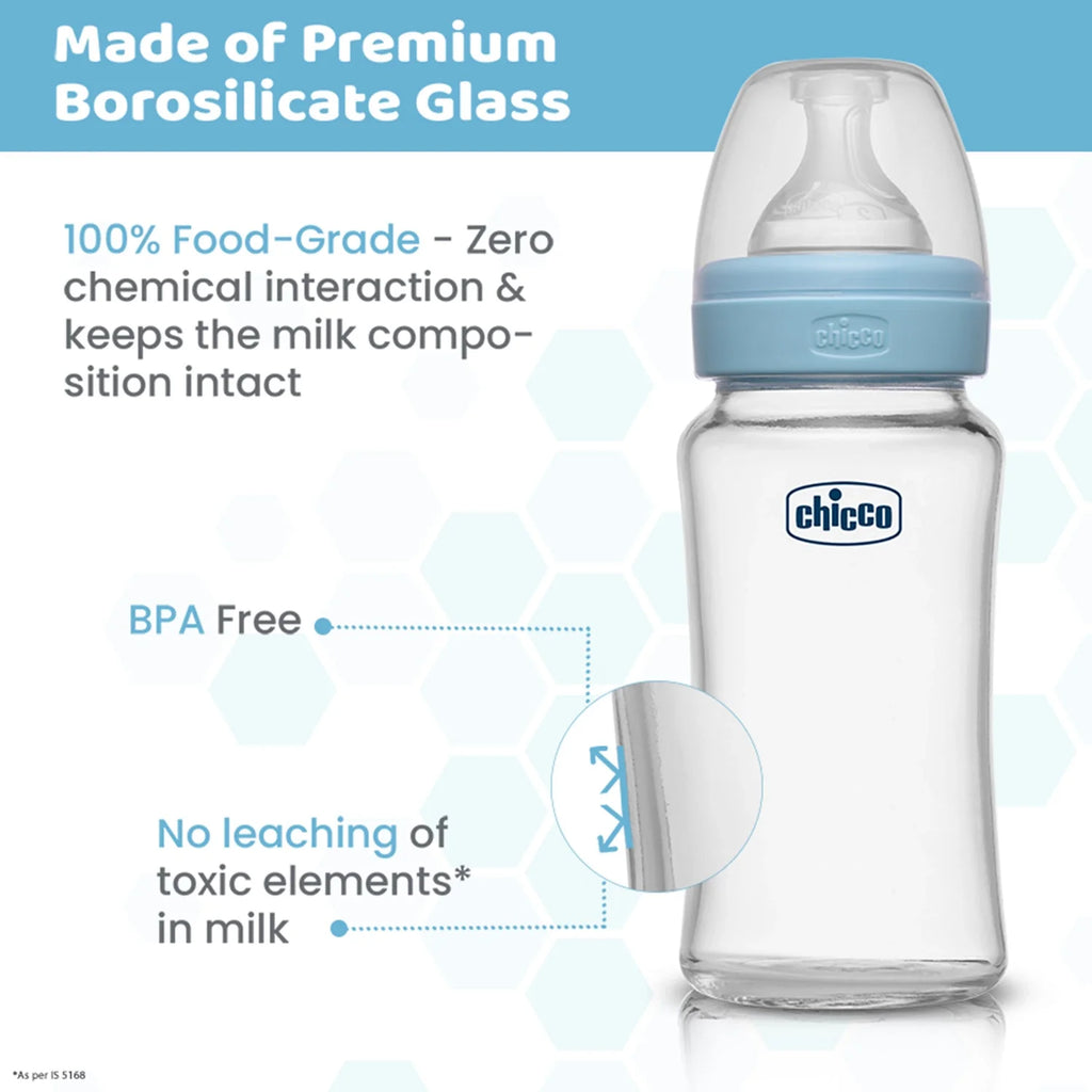 Well Being Glass Feeding Bottle 240ml  Blue Medium Flow 2M+