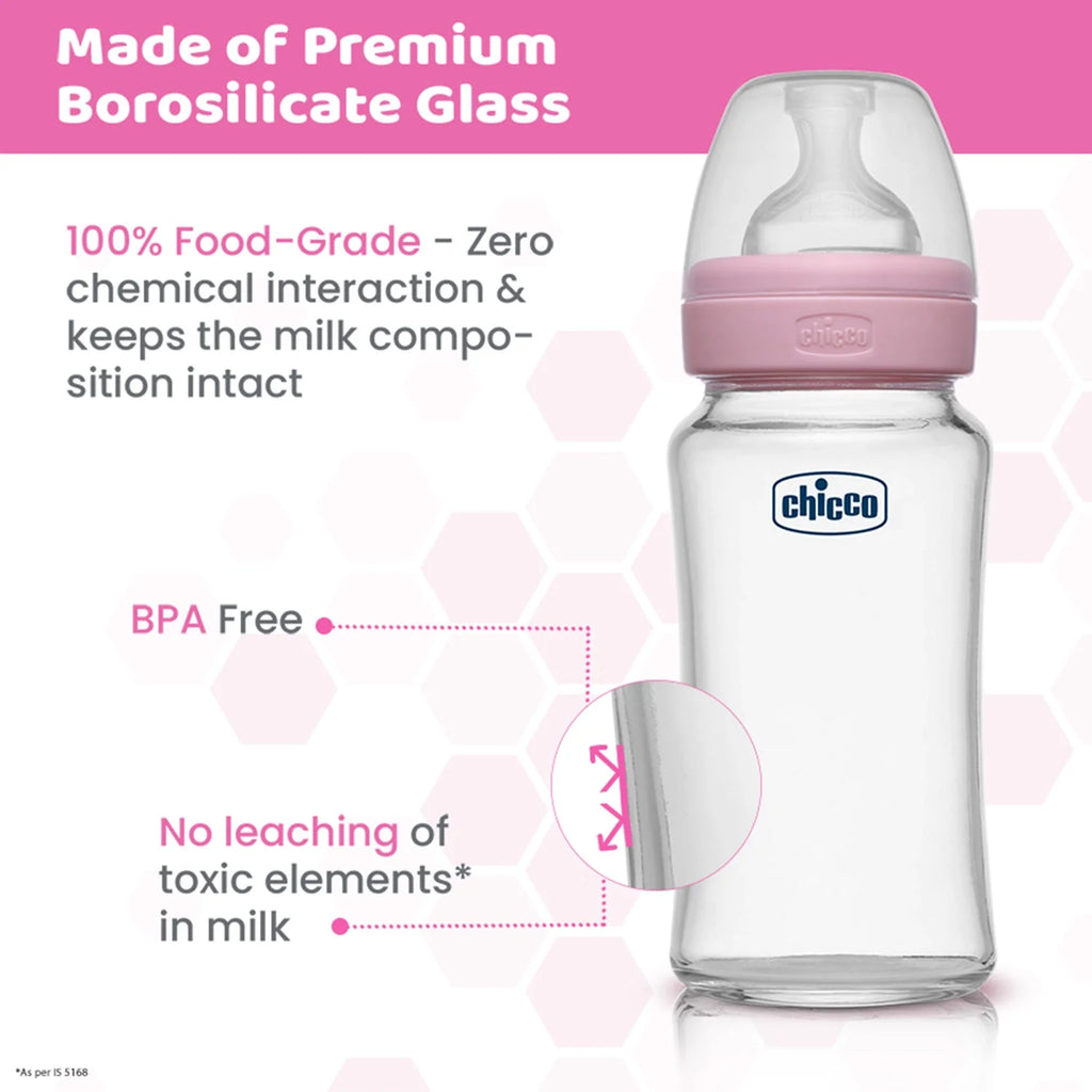 Well Being Glass Feeding Bottle 240ml  Pink Medium Flow 2M+