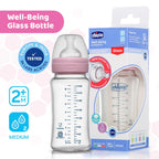 Well Being Glass Feeding Bottle 240ml  Pink Medium Flow 2M+