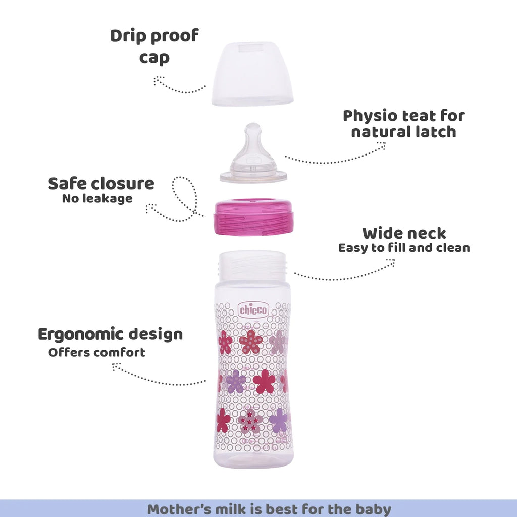 Well Being Medium Flow Baby Bottle 250ml 2M+ Pink